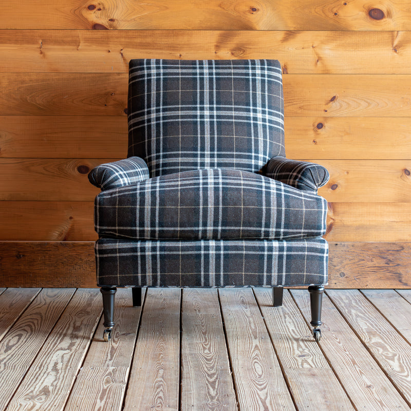 Rustic Plaid Chair with Rolled Arms and Antiqued Brass Casters, Front View