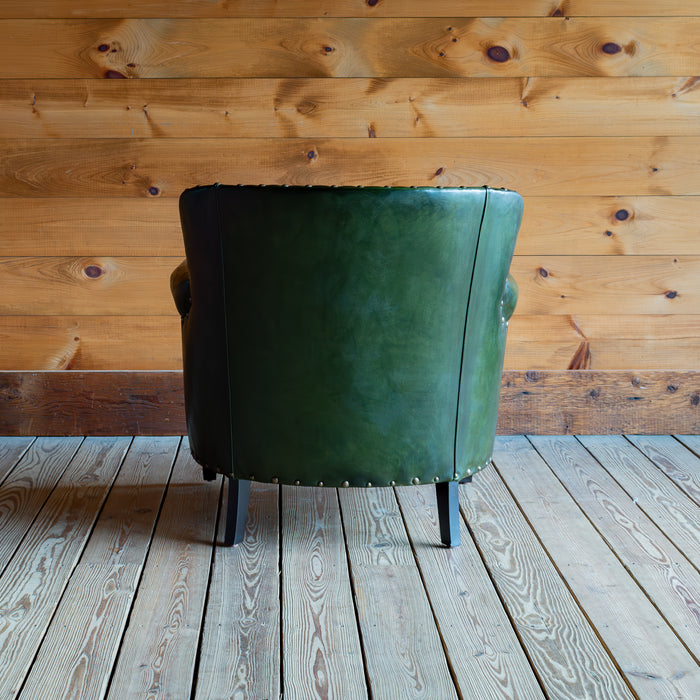 Emerald Green Leather Armchair With Rolled Arms and Tack Trim, Back View