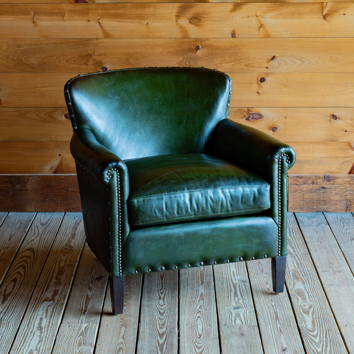 Emerald Green Leather Armchair With Rolled Arms And Tack Trim