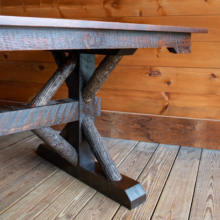 Rustic Hickory Trestle Base Table With Rough Sawn Pine Top, Trestle Detail