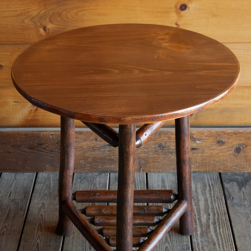 Round Top Side Table with Three Legs, Stretchers, and Lower Shelf Made from Hickory, Top Detail