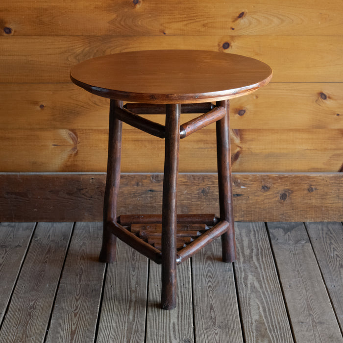 Round Top Side Table with Three Legs, Stretchers, and Lower Shelf Made from Hickory, Front View