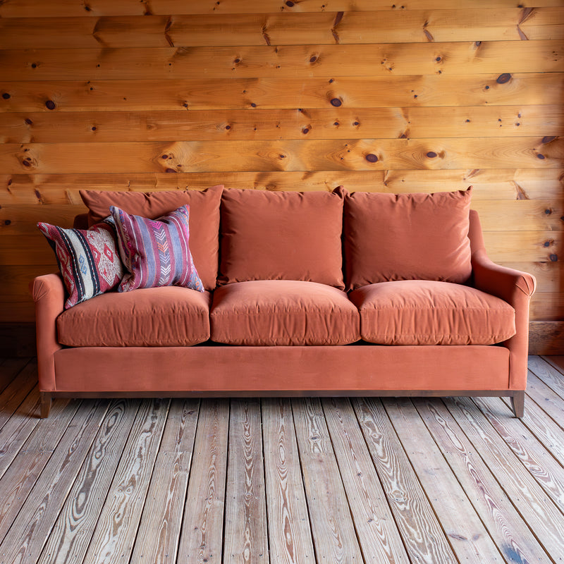 Pleated Arm Sofa in Copper Performance Fabric, Styled With Kilim Pillows