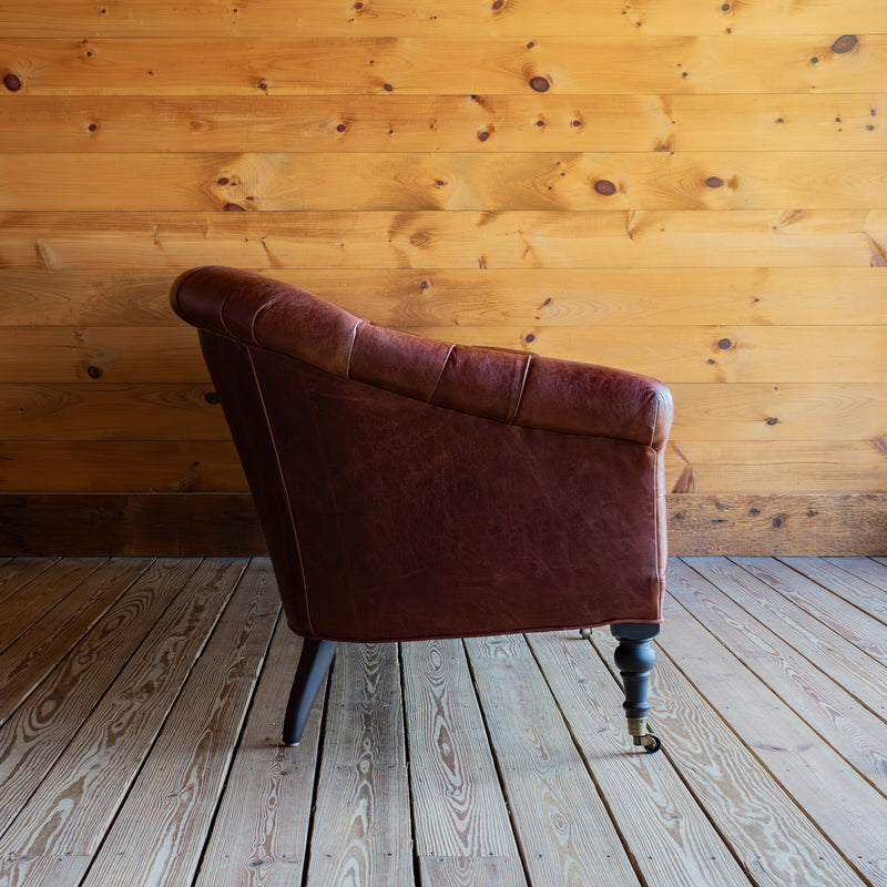 Pleated Arm Tufted Leather Sofa, Profile View