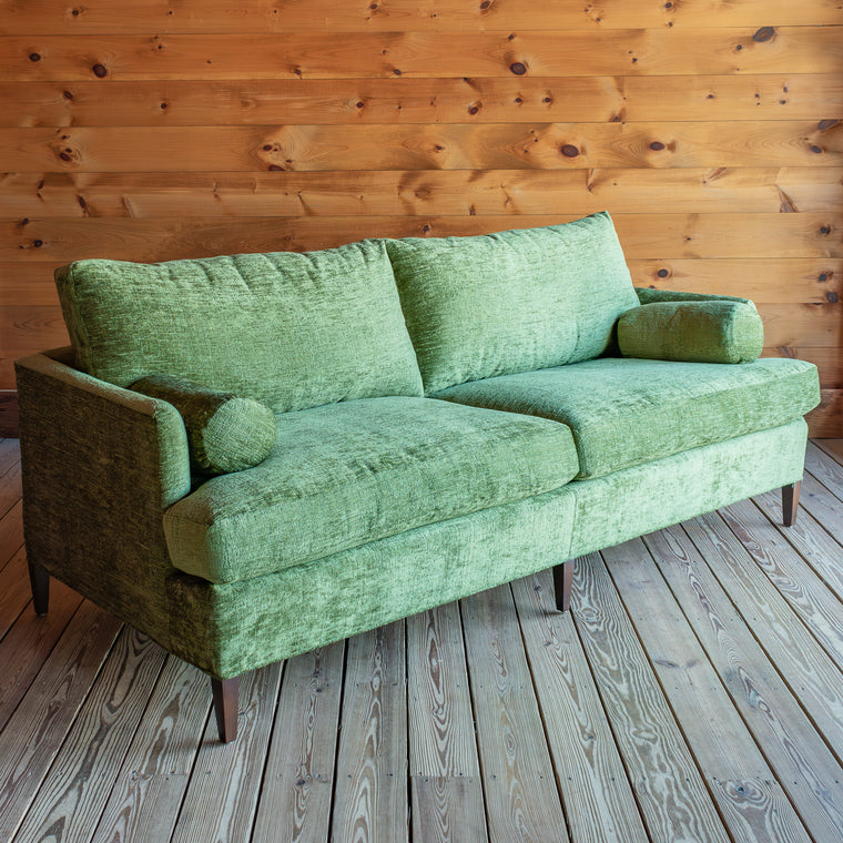 Plush Green Sofa Will Roll Pillows, Seam Detail 