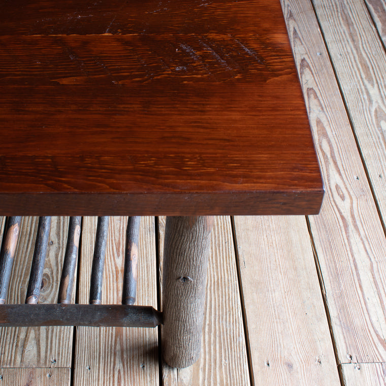 Rustic Coffee Table with Rough-Sawn Pine Top and Hickory Base with Spindle Shelf, Top Detail