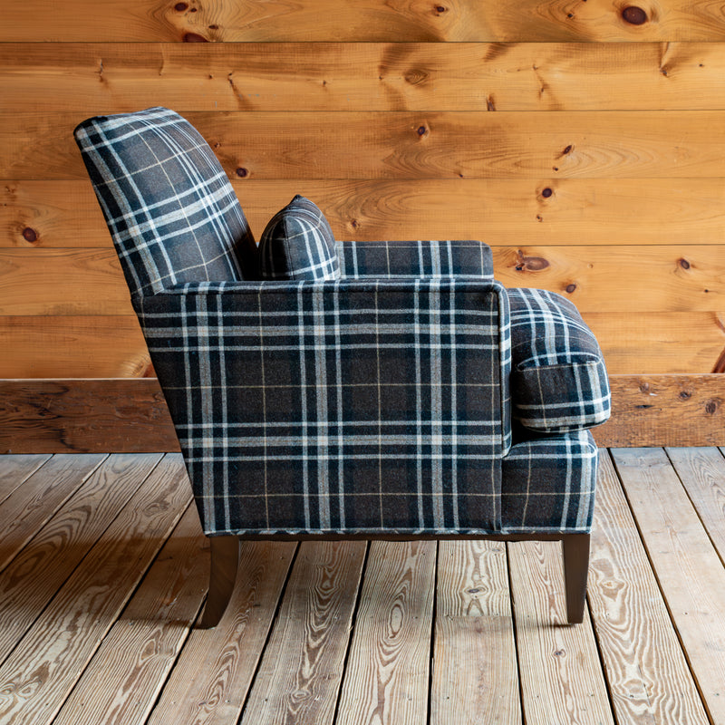Tight Back Rustic Plaid Chair With Kidney Pillow, Profile View