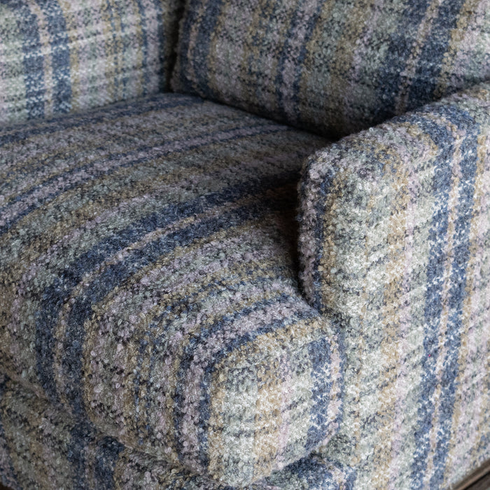 Tight Back Rustic Track Arm Chair in Wooly Plaid Fabric with Kidney Pillow, Track Arm and Seat Cushion Detail