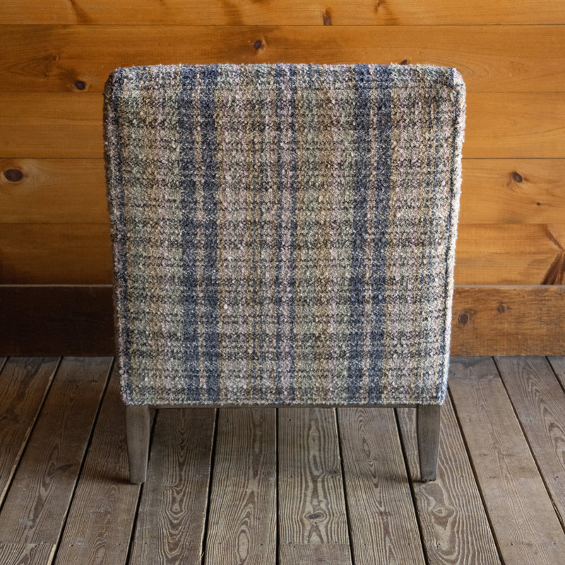 Tight Back Rustic Track Arm Chair in Wooly Plaid Fabric with Kidney Pillow, Back View