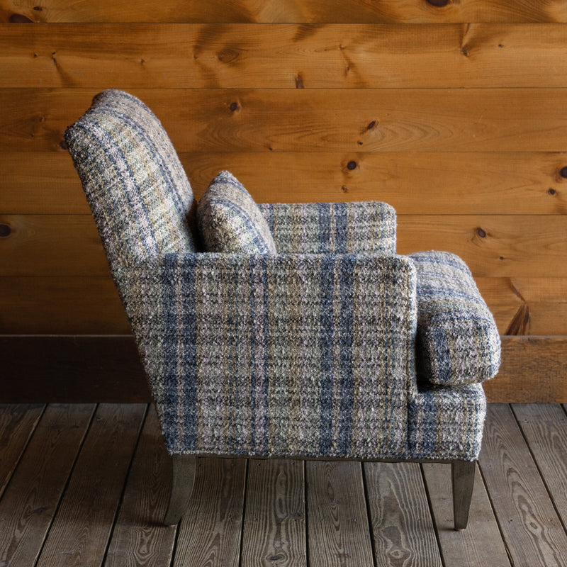 Tight Back Rustic Track Arm Chair in Wooly Plaid Fabric with Kidney Pillow, Profile View