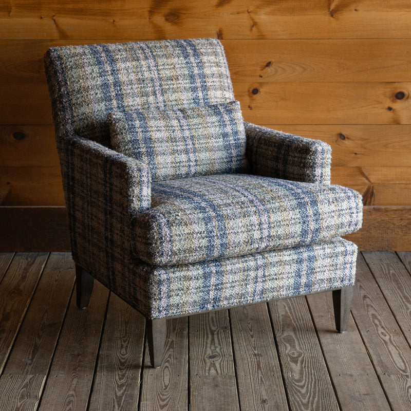 Tight Back Rustic Track Arm Chair in Wooly Plaid Fabric with Kidney Pillow, Angled Front View