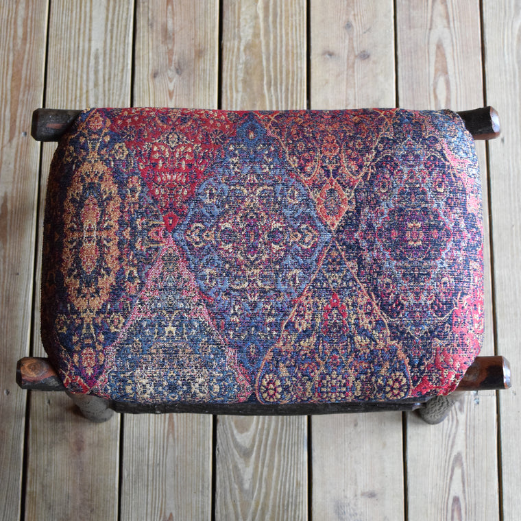 Rustic Hickory Camp Stool Upholstered in Vibrant Rug Tapestry Fabric, Hickory Detail