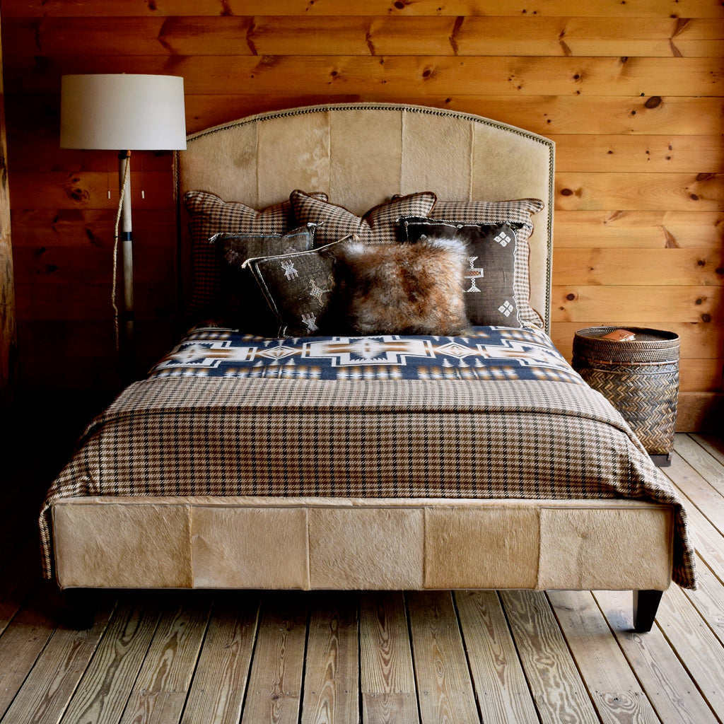 Rustic Queen Beige Cowhide Bed with Sustainable Hardwood Frame and Nailhead Trim