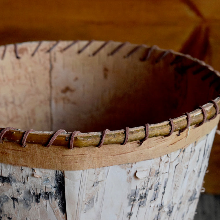 Rustic Birch Bark Waste Basket with Leather Lace Trim