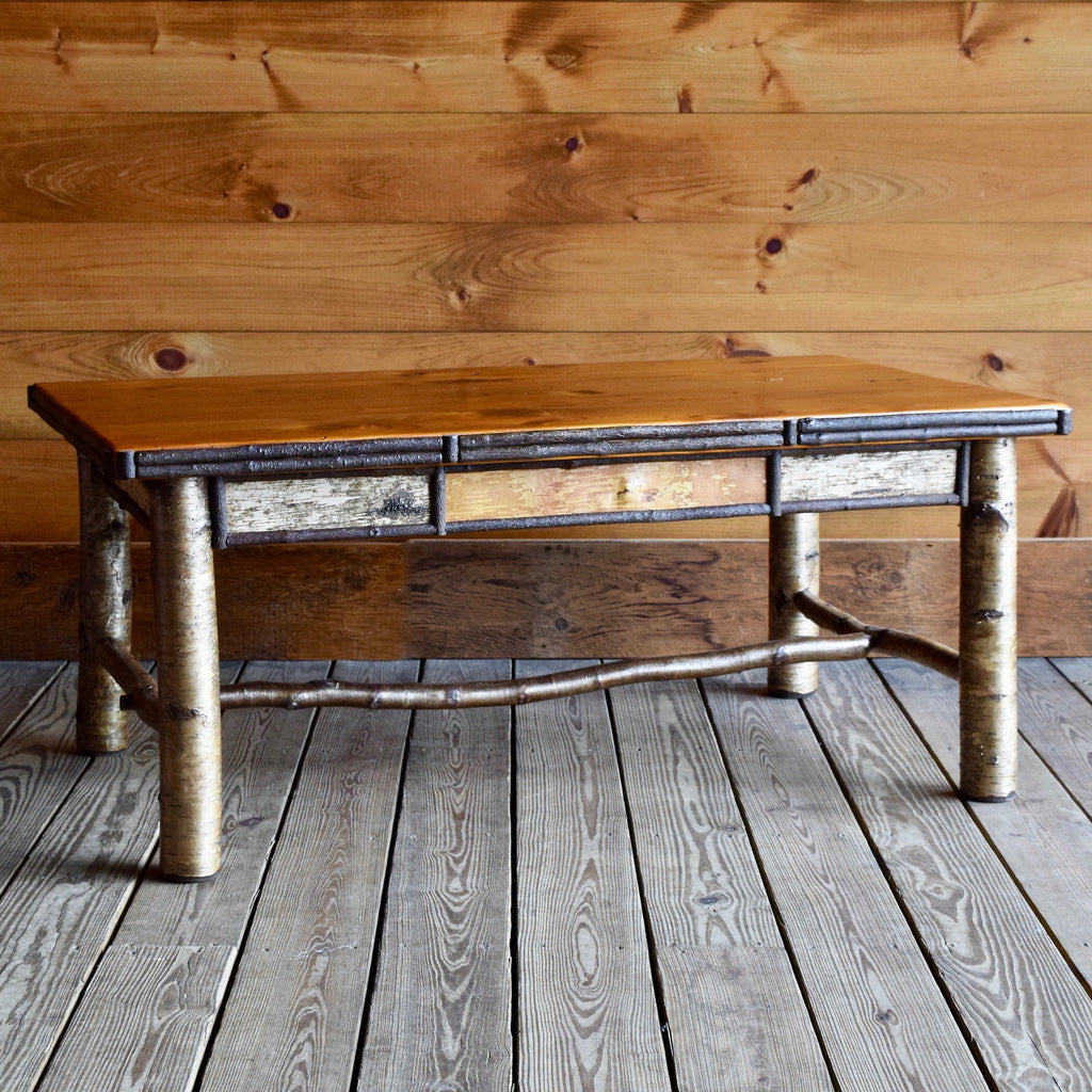 Adirondack Rustic Coffee Table with Pine Top and White Birch and Willow Twig Details