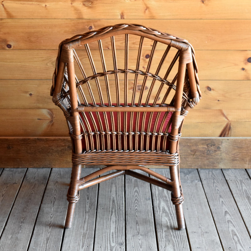 Rustic Natural Wicker Arm Chair with Red Cushion