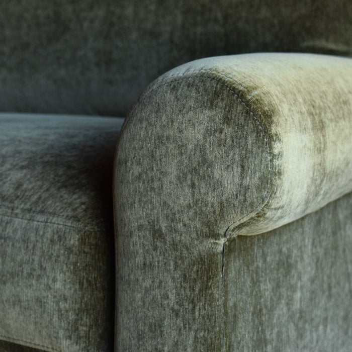 Rustic Green Chenille Sofa Rolled Arm Detail