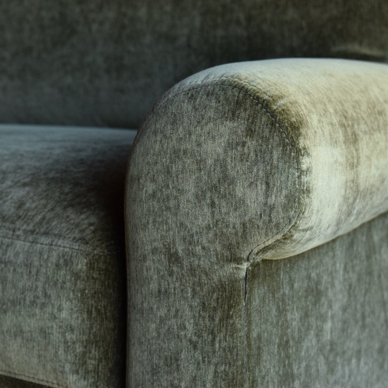 Rustic Green Chenille Sofa Rolled Arm Detail