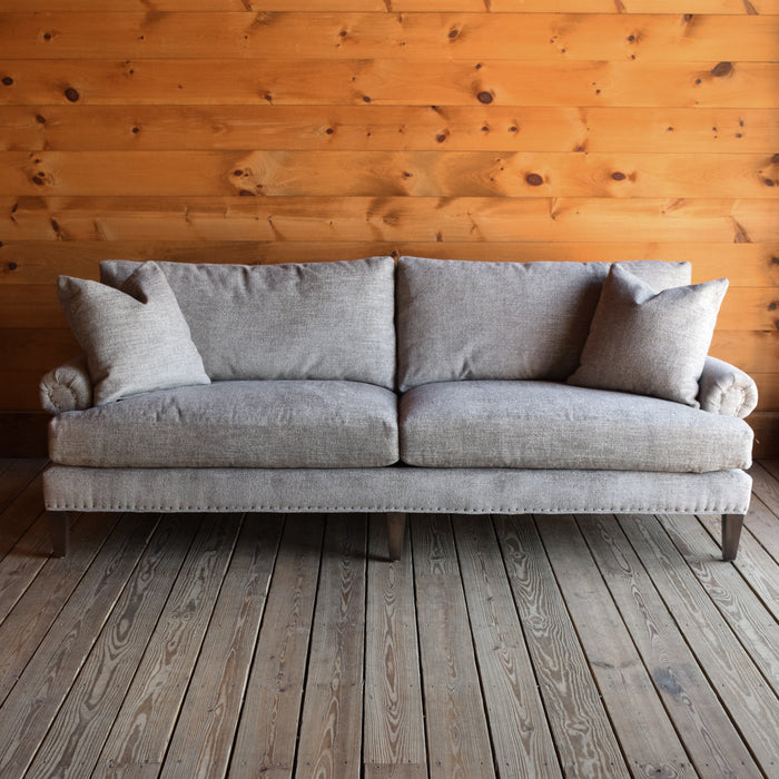 Rolled Arm Sofa Upholstered in Stain-Resistant Gray Heavy Duty Fabric with Tack Trim and Down Throw Pillows