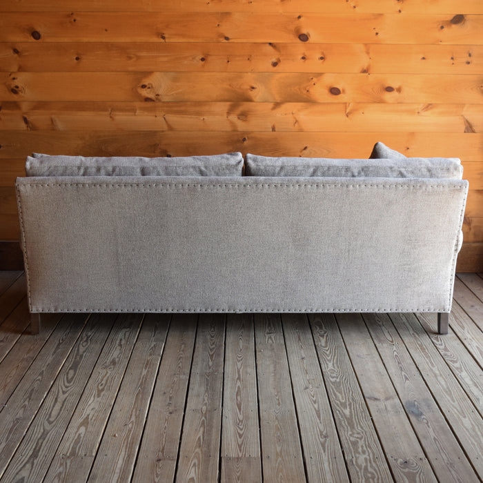 Rolled Arm Sofa Upholstered in Stain-Resistant Gray Heavy Duty Fabric with Tack Trim and Down Throw Pillows