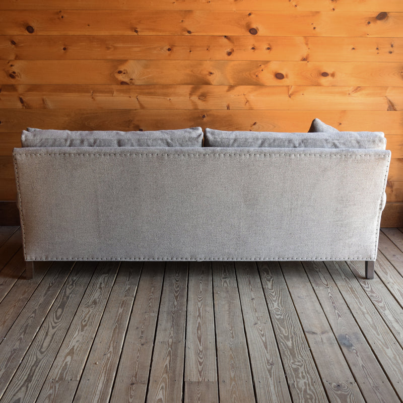 Rolled Arm Sofa Upholstered in Stain-Resistant Gray Heavy Duty Fabric with Tack Trim and Down Throw Pillows