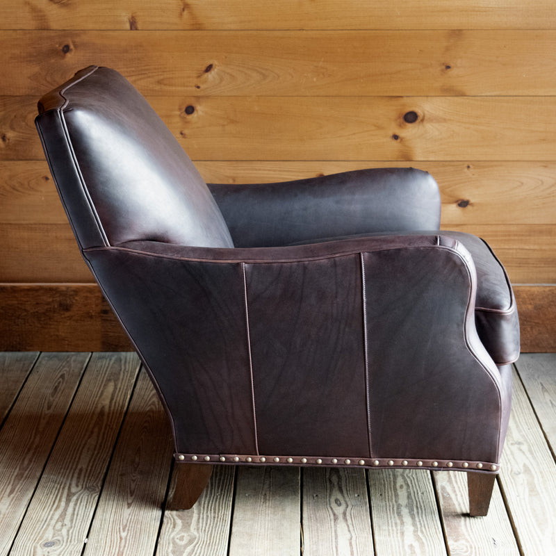 Lounge Chair and Ottoman Upholstered in Dark Mahogany Full-Grain Leather with Nailhead Trim
