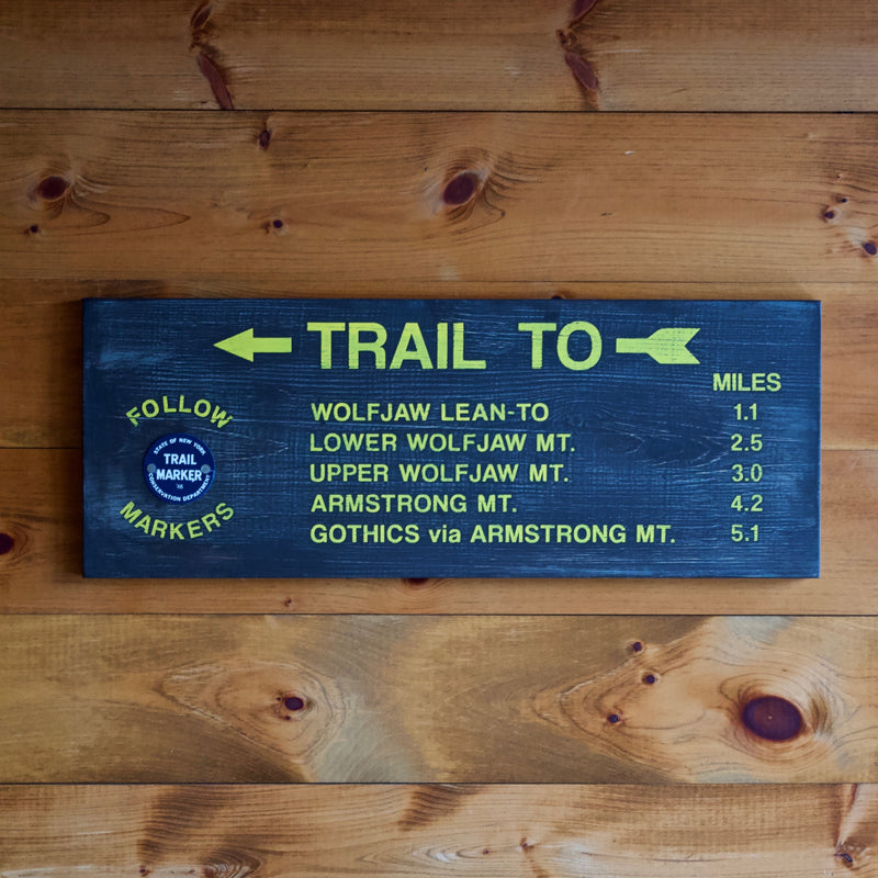 Hand Painted New York State Conservation Department Trail to Wolfjaw Mountain Sign with Trail Marker