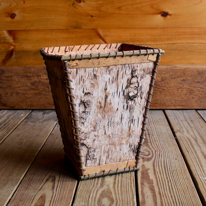 Rustic Birch Bark Waste Basket with Leather Lace Trim