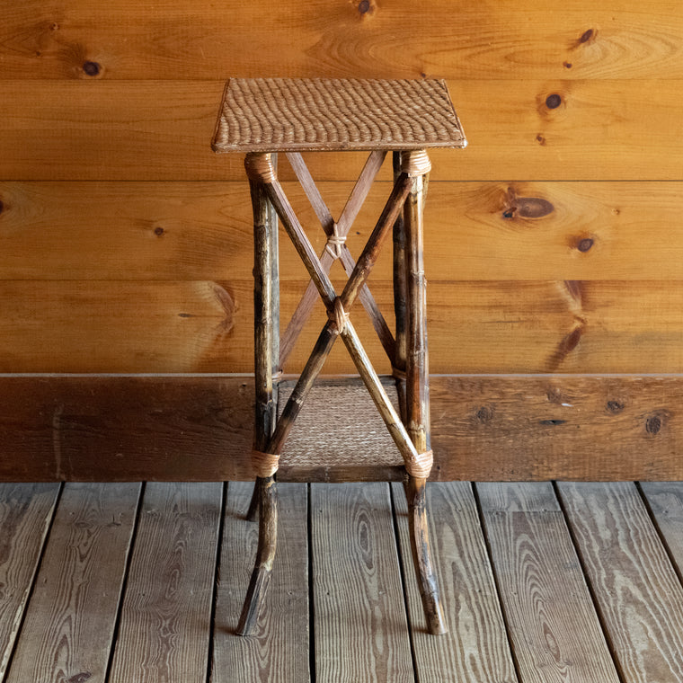 Bamboo Side Table with Woven Rattan Top and Shelf, Top Detail