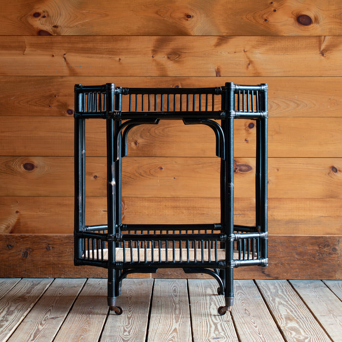 Black Rattan Bar Cart With Contrasting Woven Shelves