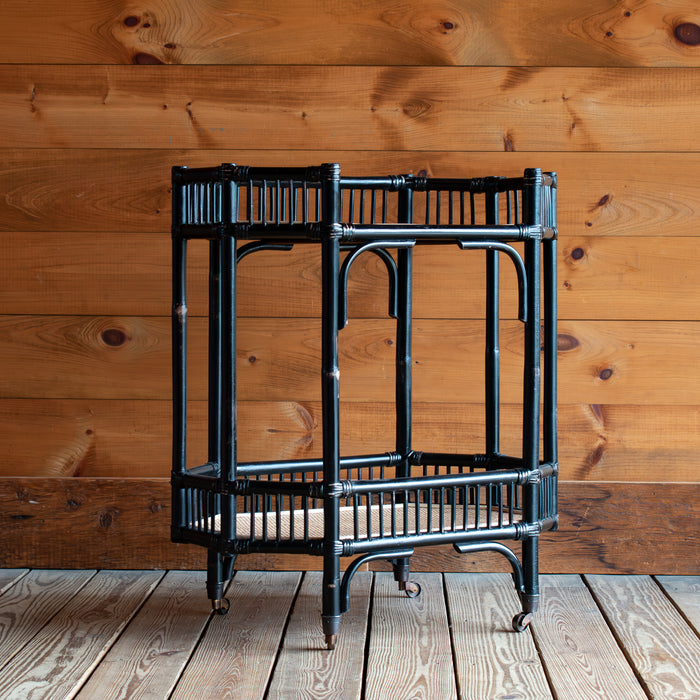 Black Rattan Bar Cart With Contrasting Woven Shelves Full VIew