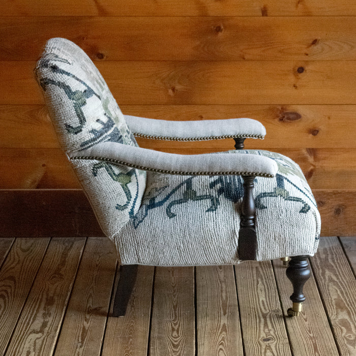 Tight Back Blue, Cream, and Sage Rug Upholstered Lounge Chair with Turned Front Legs on Casters, Profile View