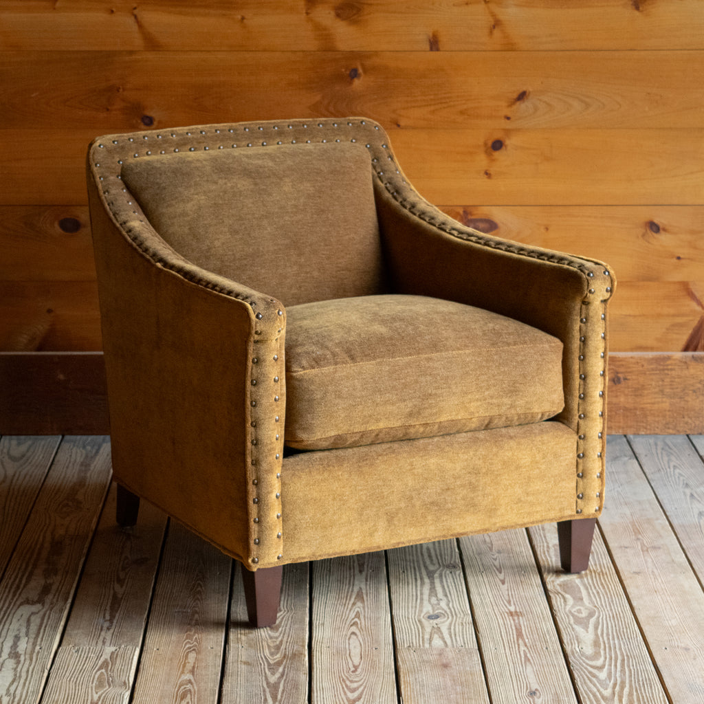 Sloped Arm Chair Upholstered in Brassy Umber Mohair Fabric with Tight Back, Nailhead Trim, and Tapered Legs, Angled Front View