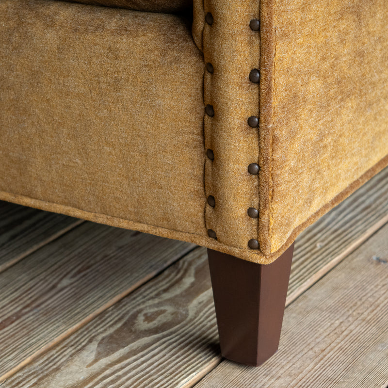 Sloped Arm Chair Upholstered in Brassy Umber Mohair Fabric with Tight Back, Nailhead Trim, and Tapered Legs, Leg Detail