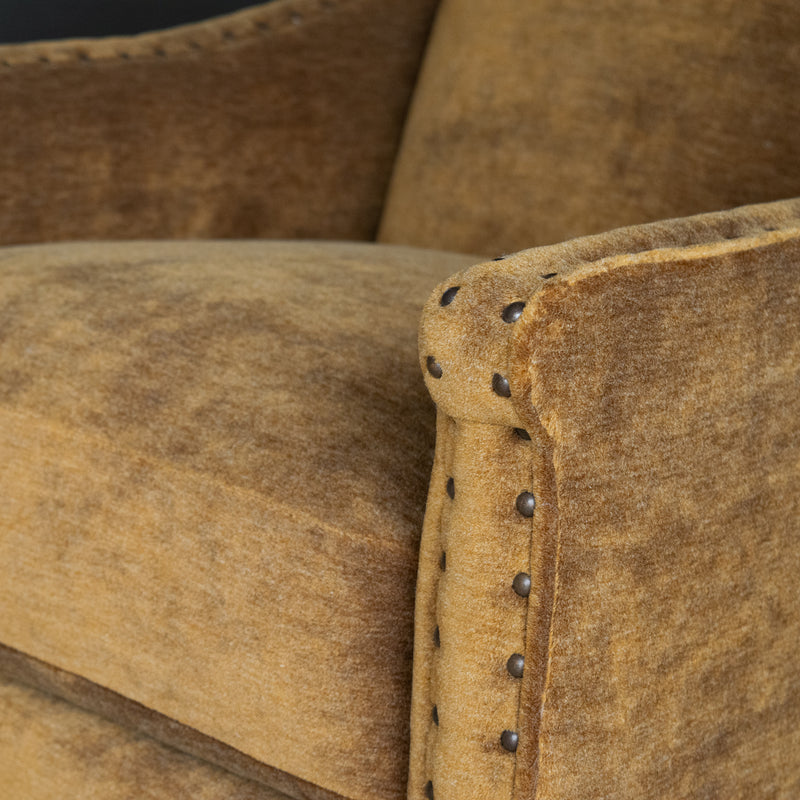 Sloped Arm Chair Upholstered in Brassy Umber Mohair Fabric with Tight Back, Nailhead Trim, and Tapered Legs, Arm Detail