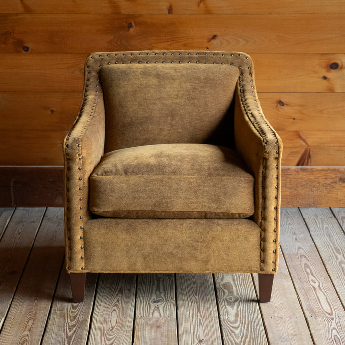 Sloped Arm Chair Upholstered in Brassy Umber Mohair Fabric with Tight Back, Nailhead Trim, and Tapered Legs, Front View