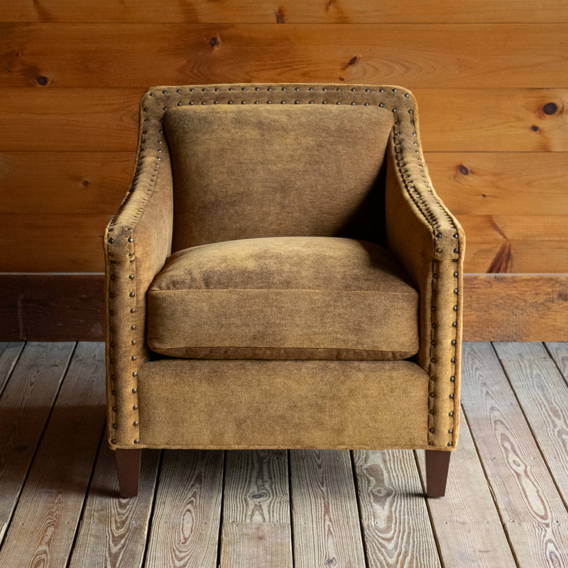 Sloped Arm Chair Upholstered in Brassy Umber Mohair Fabric with Tight Back, Nailhead Trim, and Tapered Legs, Front View