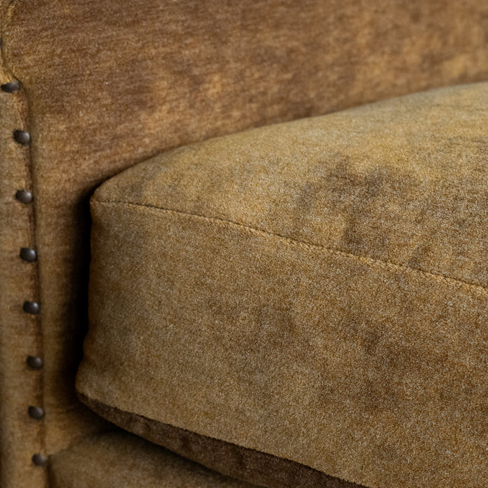 Sloped Arm Swivel Chair Upholstered in Brassy Umber Mohair Fabric with Tight Back and Nailhead Trim, Seam Detail