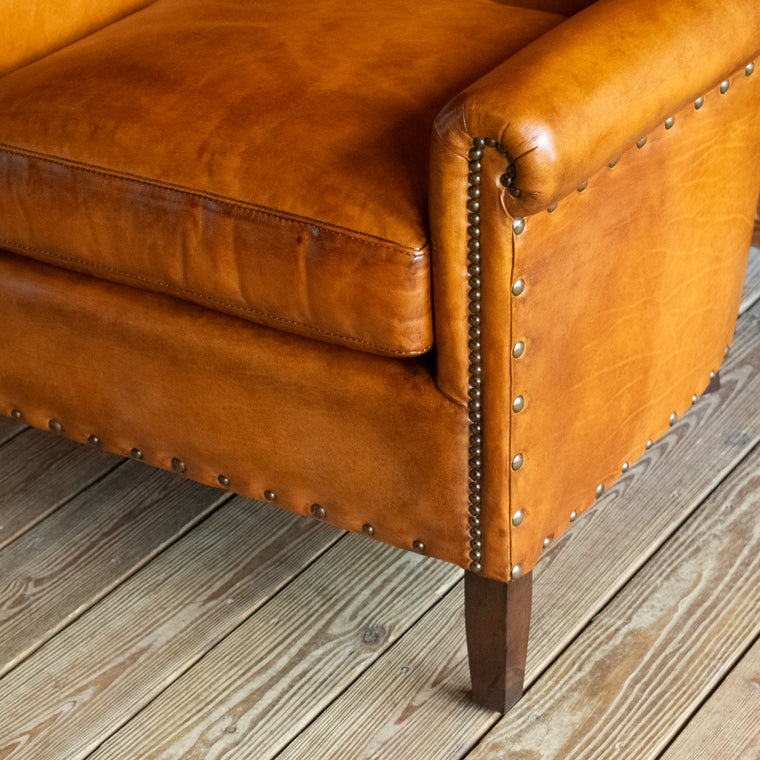 Classic Rolled Arm Chair with Tight Back and Nailhead Trim, Upholstered in Brown Burnished Leather, Angled Back View