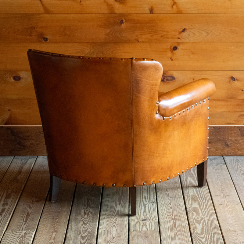 Classic Rolled Arm Chair with Tight Back and Nailhead Trim, Upholstered in Brown Burnished Leather, Angled Back View