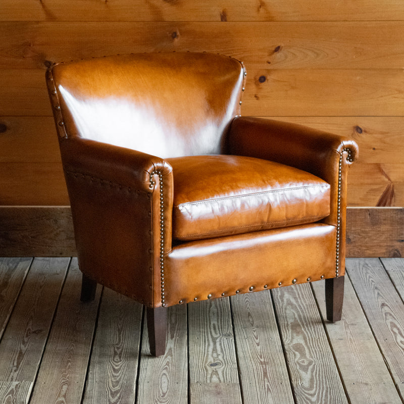 Classic Rolled Arm Chair with Tight Back and Nailhead Trim, Upholstered in Brown Burnished Leather, Angled Front View