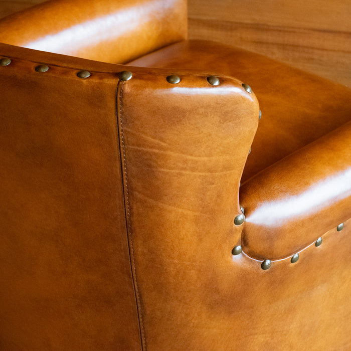 Classic Rolled Arm Chair with Tight Back and Nailhead Trim, Upholstered in Brown Burnished Leather, Back Corner and Nailhead Detail