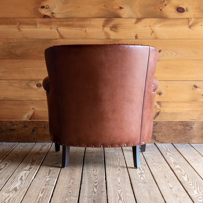 Burnished Brown Leather Armchair with Tack Trim, Back View with Seams