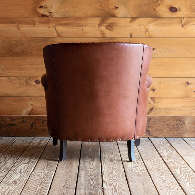 Burnished Brown Leather Armchair with Tack Trim, Back View with Seams