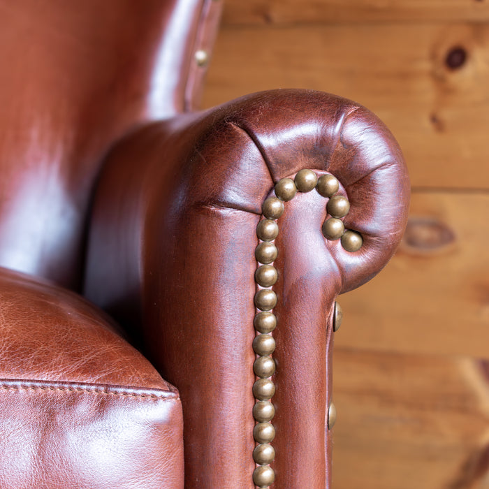 Burnished Brown Leather Armchair with Tack Trim, Rolled Arm Detail