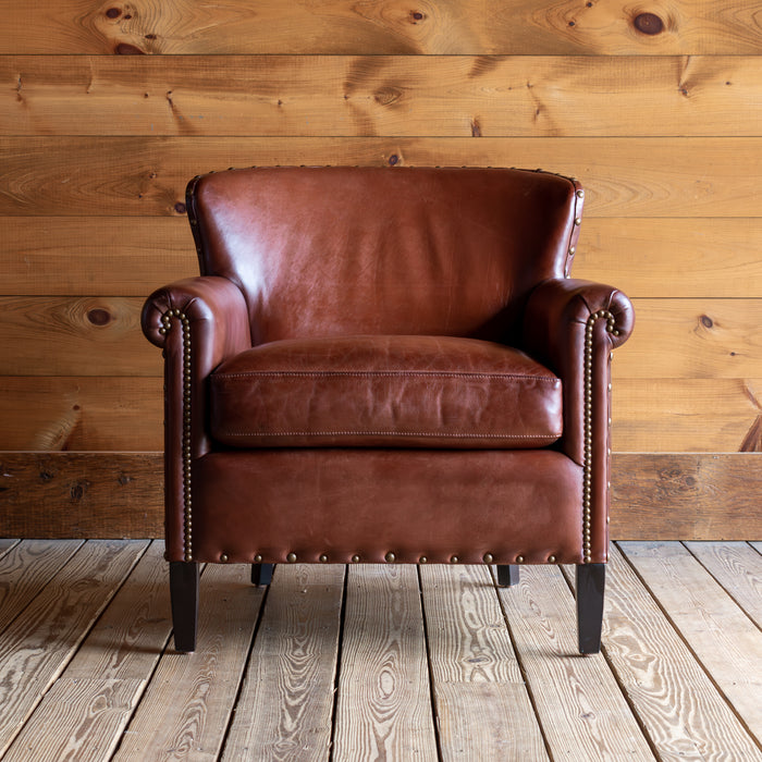 Burnished Brown Leather Armchair with Tack Trim, Front View