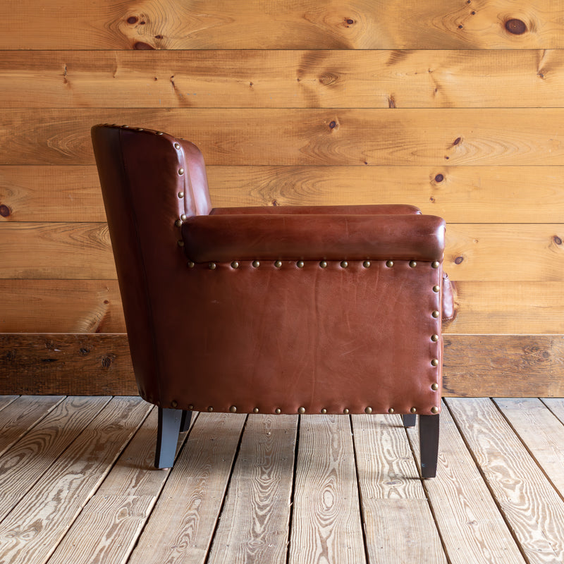 Burnished Brown Leather Armchair with Tack Trim, Side View