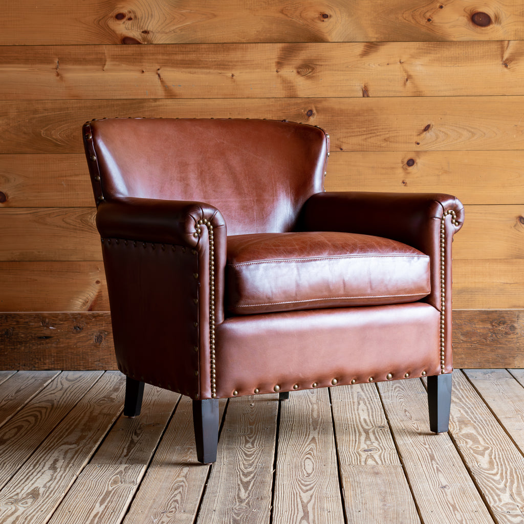 Burnished Brown Leather Armchair with Tack Trim