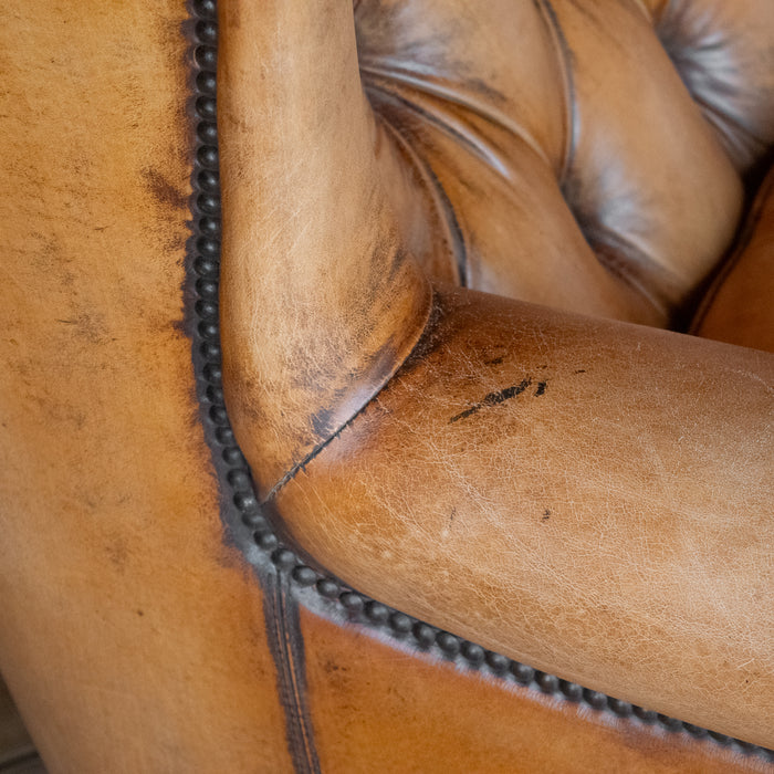Buffalo Leather Tufted Wing Back Chair with Nailhead Trim, Leather Detail