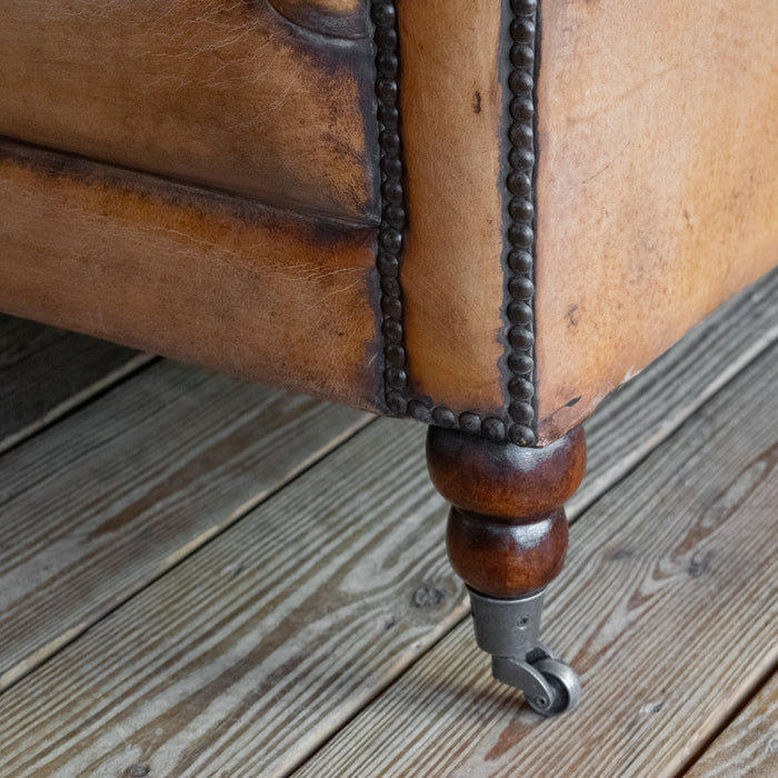 Buffalo Leather Tufted Wing Back Chair with Nailhead Trim, Turned Front Leg Detail